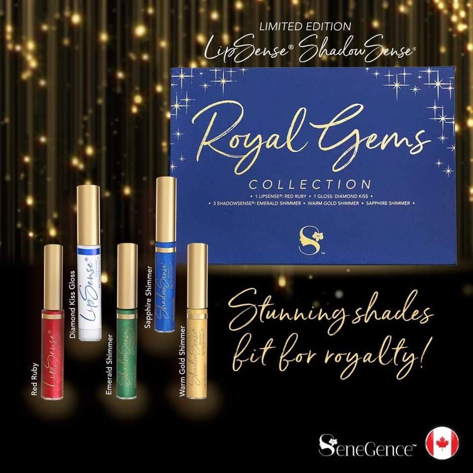 Limited Edition. LipSense. ShadowSense. Royal Gems Collection. Lipsense: Red Ruby. Gloss Diamond Kiss. Shadowsense: Emerald Shimmer. Warm Gold Shimmer. Saphire Shimmer. Senegence.